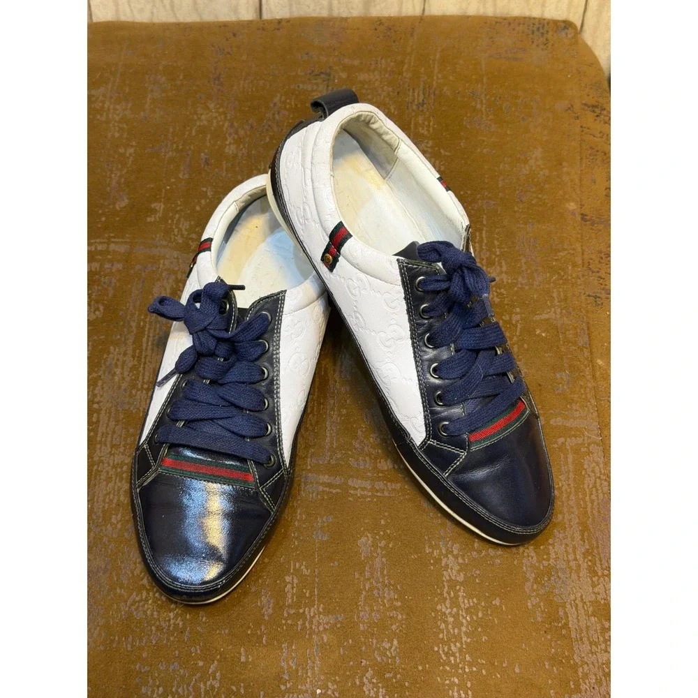Gucci Low Top Sneakers Navy White Guccissima Leather Web Stripe Mens 10